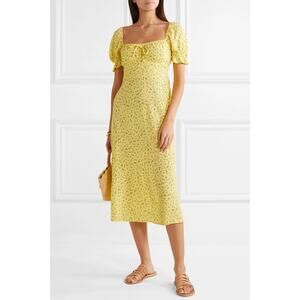 Faithfull the Brand Evelyn Midi Dress Yellow Floral Puff Sleeves Size 6 Milkmaid